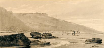 Auguste ALLONGE (1833 - 1888) Pêcheurs en bord de mer Fusain 27 x 58 cm Signé en...