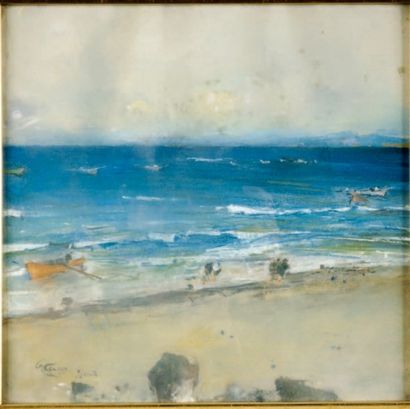 Giuseppe CASCARIO (? 1863 - ? 1941) La plage Pastel 31 x 32 cm Signé en bas à gauche...