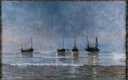 Pierre OULIF (Actif au XIXe siècle) Pêche nocturne Sur sa toile d'origine 81,5 x...