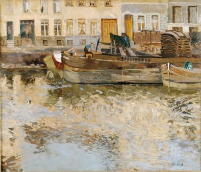 Jules MERCKAERT (Schaerbeck 1878 - ? 1955) Bateau en déchargement Sur sa toile d'origine...