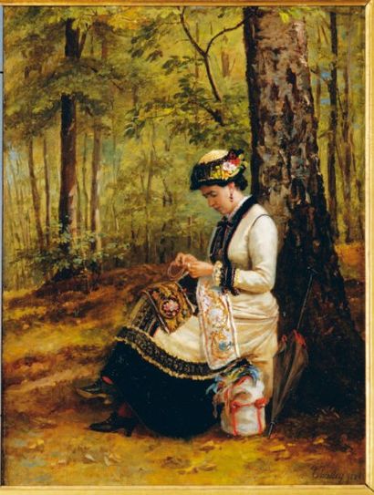 Claude THIELLEY (Rully 1811 - ?) Elégante en forêt Panneau 41,5 x 25,5 cm Signé et...