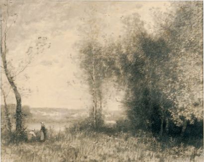 Élisabeth SONREL (Tours 1874 - ? 1953) Bergère près d'une rivière et d'une forêt...