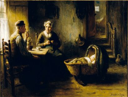 Bernard de HOOG (Amsterdam 1866 - ? 1943) Le repas des paysans Toile 97 x 127 cm...