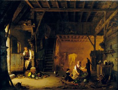 Jean Louis Van KUYCK (Anvers 1821 - 1871) Chevaux à l'écurie Panneau parqueté 97...