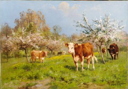 Aymar Alexandre PEZANT (Bayeux 1847 - ? 1907) Vaches sous les pommiers en fleurs...