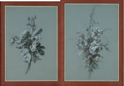 ECOLE LYONNAISE du XIXe siècle Bouquets de roses Paire de crayon et pastel blanc...