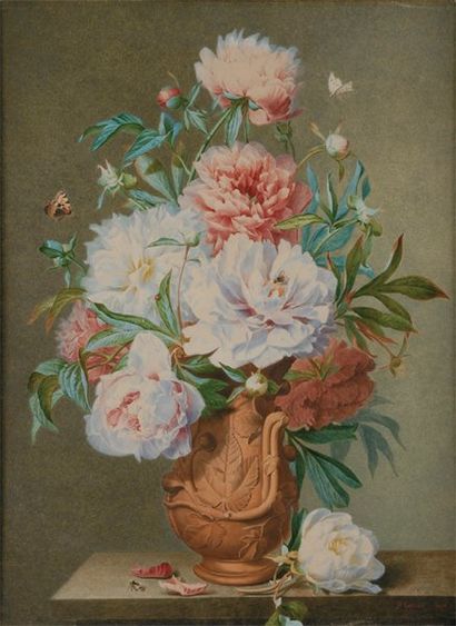 Pierre Joseph GUEROU (XIXe siècle) Bouquet de fleurs aux papillons et abeilles, dans...