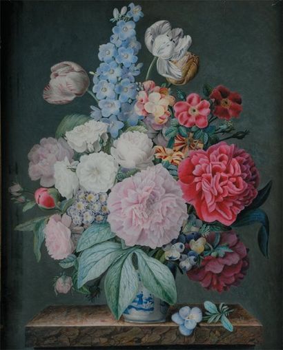 École Française du XIXe siècle Bouquet de fleurs sur un entablement. Aquarelle et...