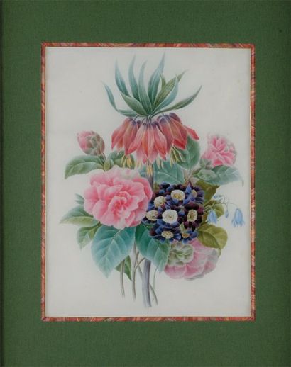 École Française du XIXe siècle Bouquet de fleurs. Aquarelle sur velin. 33,5 x 26...