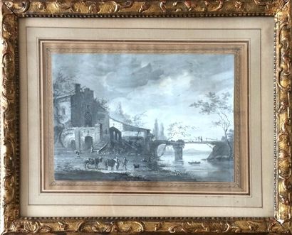 null ECOLE HOLLANDAISE du XVIIIème siècle Paysage animé au pont Lavis sur papier...