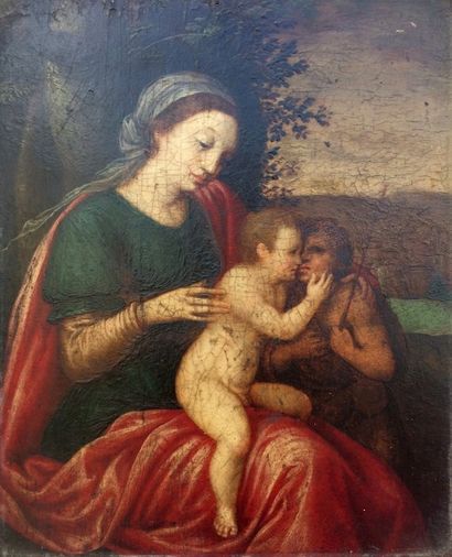 null ECOLE ANVERSOISE vers 1600 Vierge à l'Enfant Panneau de chêne 27 x 21,5 cm Petits...