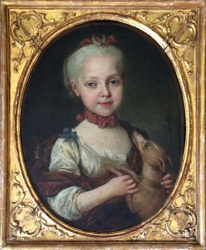 null ECOLE FRANCAISE du XVIIIème siècle Jeune fille et son chien représentée en Déesse...