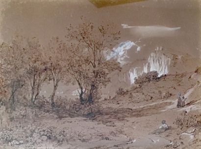 null Pierre THUILLIER (1799-1858) Paysage de montagne Lavis sur papier avec rehauts...