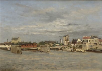 null Hippolyte Camille DELPY (1842-1910) Les bords de Seine à Saint-Ouen Sur sa toile...