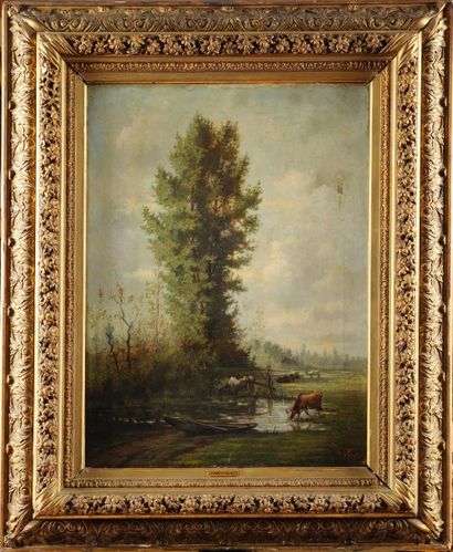 null Alexander WUST (1837-1876) L’Abreuvoir Huile sur toile Signée en bas à droite...