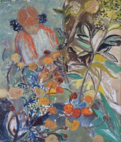 null Hélène GIROD DE L'AIN (née en 1926) Fillette au jardin Huile sur toile, signée...