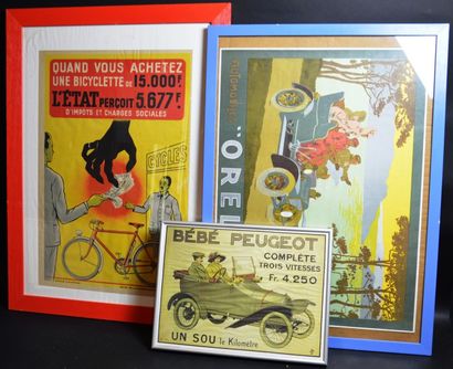 null " Affiche Peugeot, Orel et Cycles" 3 affiches . L'une "Peugeot bébé" signée...