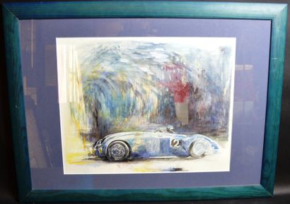 null "Wimille vainqueur des 24 Heures du Mans 1937, Bugatti Tank" Aquarelle et crayon,...