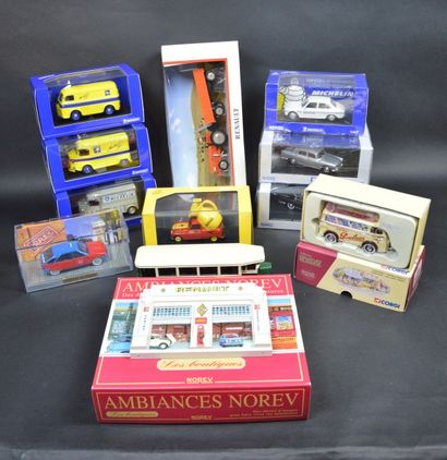 null "SOLIDO, NOREV, CORGI…." Lot de 12 miniatures au 1/43°. Norev/ Michelin, 2 citroën...