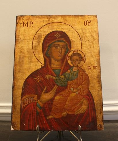 null ICÔNE Sainte Mère de Dieu de Kazan Russie, XIXème siècle 32 x 24 cm (accidents...