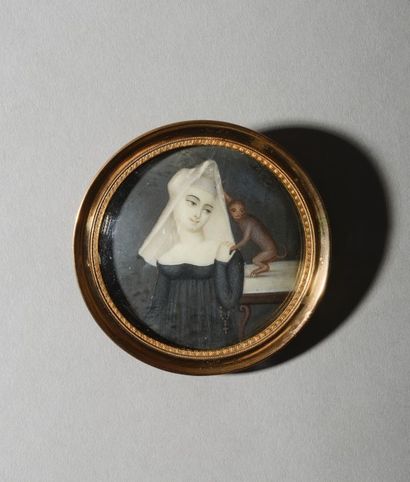  ECOLE FRANCAISE vers 1770 Portrait d’une jeune nonne "courtisée" par un singe. Miniature...