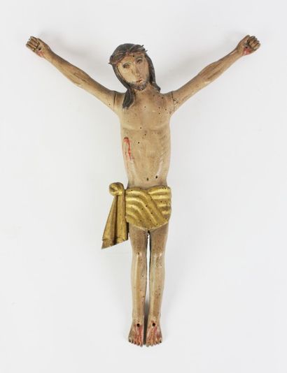 null CHRIST en bois sculpté, polychromé et doré. Art populaire, XVII/XVIIIe siècle...