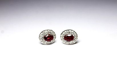 null PAIRE DE BOUCLES D'OREILLES en or gris, retenant un rubis de taille ovale serti...