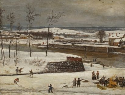 null ÉCOLE FRANÇAISE début XIXème siècle Scène hivernale à la rivière
Huile sur papier...