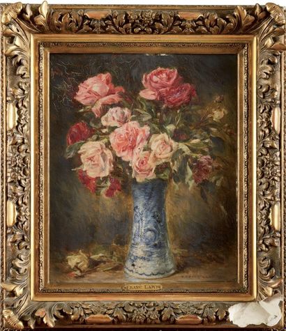 null Pierre FRANC-LAMY (1855-1919)
 Roses dans un vase bleu
Huile sur panneau (craquelures...