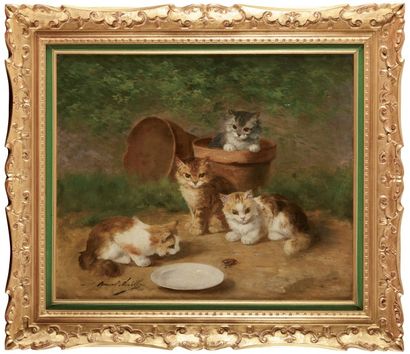 null Alfred BRUNEL DE NEUVILLE (1852-1941)
Quatre chatons et un insecte
Huile sur...
