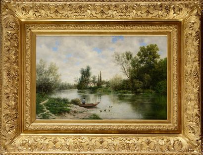null François DE MESGRIGNY (1836-1884)
Rivière à la barque et aux canards
Huile sur...