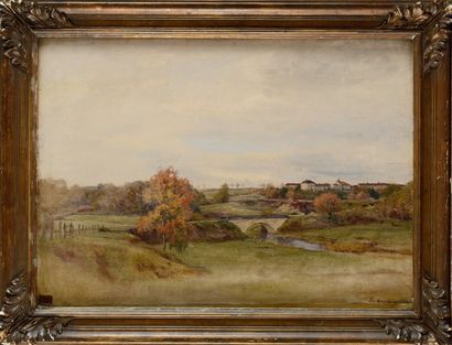 null Jan MONCHABLON (1855-1904)
Ponts et champs devant un village
 Huile sur panneau...