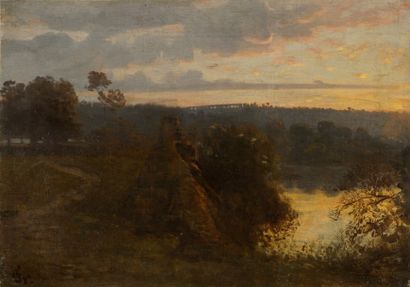 null François Louis FRANÇAIS (1814-1897)
Crépuscule en Italie, viaduc dans le lointain
Huile...