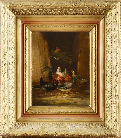 null Claude GUILLEMINET (1821-c.1866)
Coq, poules et canards
Huile sur panneau
Signée...