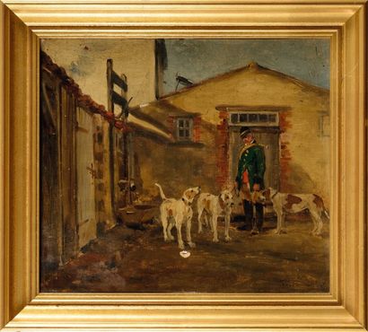 null Gaston ROULLET (1847-1925) Chasseur et ses chiens au chenil Sur sa toile d’origine...