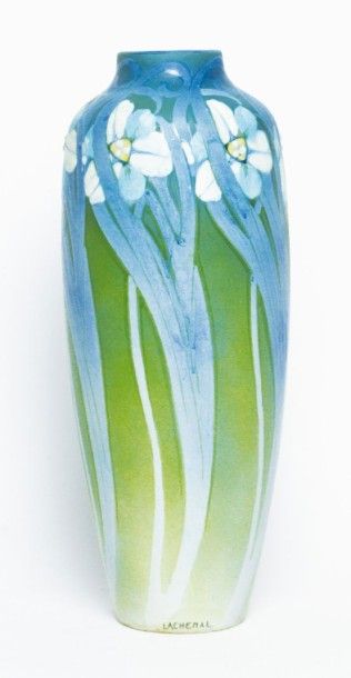 null EDMOND LACHENAL (1855-1948) Haut vase obus en grés émaillé polychrome à frise...