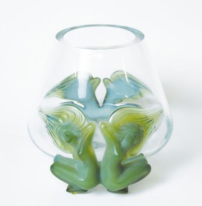 null LALIQUE FRANCE Antinea Vase conique en cristal à double piètement en verre opalescent...