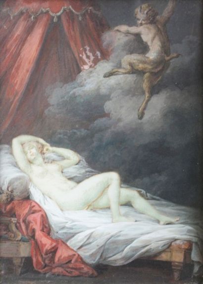 null Jacques CHARLIER (1720?-1790) (d'après) Danaë et le satyre Gouache. 31 x 24...