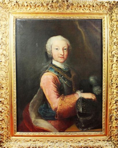 null ECOLE FRANCAISE du XVIIIe siècle Portrait de jeune garçon au plastron et casque...