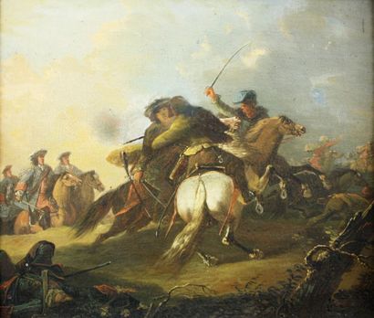 null ECOLE FRANCAISE du XVIIIème siècle Choc de cavalerie Huile sur toile 28 x 32...