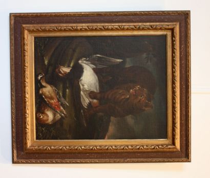 null ECOLE FRANCAISE du XVIIIe siècle Nature morte au chat et oiseaux Huile sur toile...