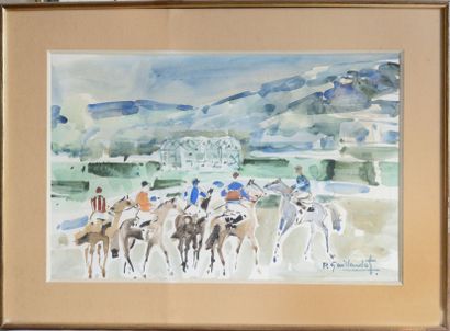 null Pierre GAILLARDOT (1910-2002) Avant la course Aquarelle sous verre 30 x 47 ...