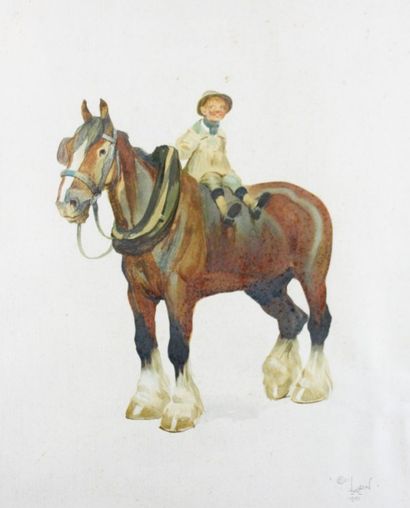 null Cecil ALDIN (1870-1935) Petit garçon sur un cheval de trait Pochoir signé en...