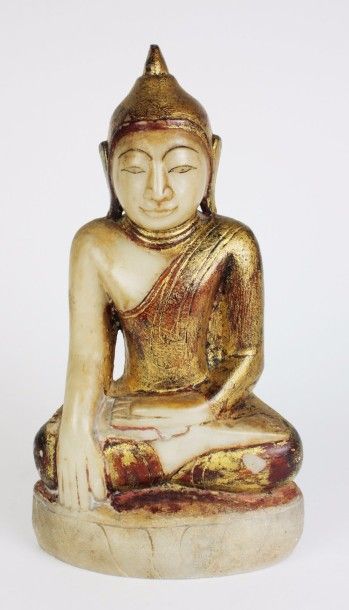 null BIRMANIE Statuette en albâtre anciennement laqué et doré, représentant le Bouddha...