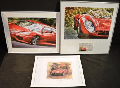 null "Ferrari & Maserati " Lot de trois estampes. L'une, Maserati A6GCS de 1952....