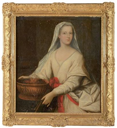  ECOLE FRANCAISE du XVIIIème siècle Portrait de femme tenant dans ses mains un brasero...