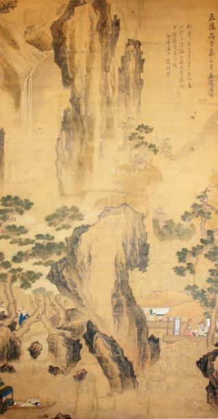 null JAPON Grand Kakemono sur soie marouflée sur toile représentant un paysage lacustre....