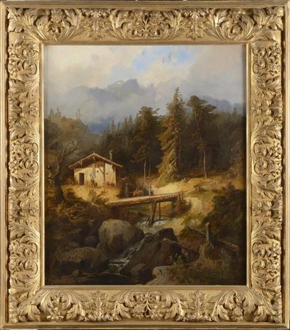 null Ernest SCHWEINFURT (1818-1877) Scène lacunaire en montagne. Huile sur panneau...