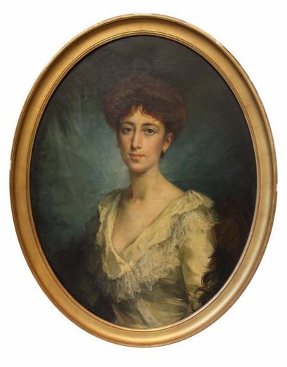  ECOLE ANGLAISE XIXème siècle Portrait de Dame Huile sur toile à vue ovale 82 x 62...
