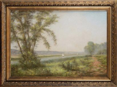  R. DE VALENS (XIX) Voiliers sur la rivière Pastel Signé en bas à droite 48,5 x 70...
